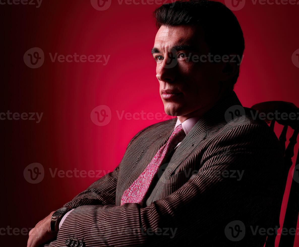 Dramatic portrait of a man in a stylish suit with a red background photo