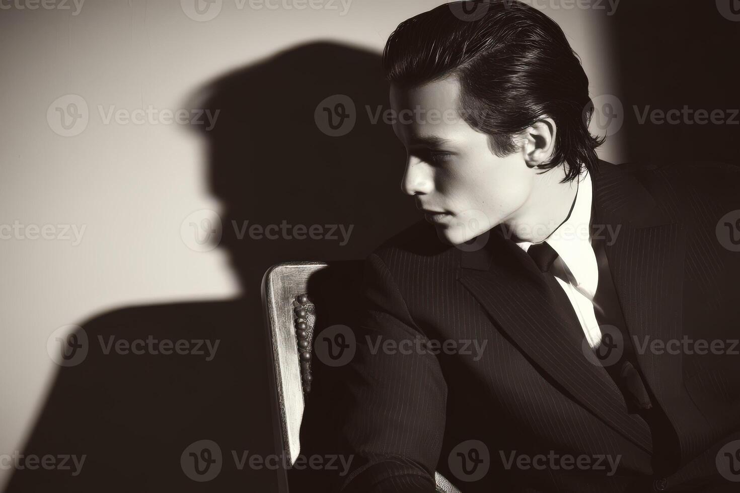 Elegant man in formal suit poses in shadowed lighting setting photo
