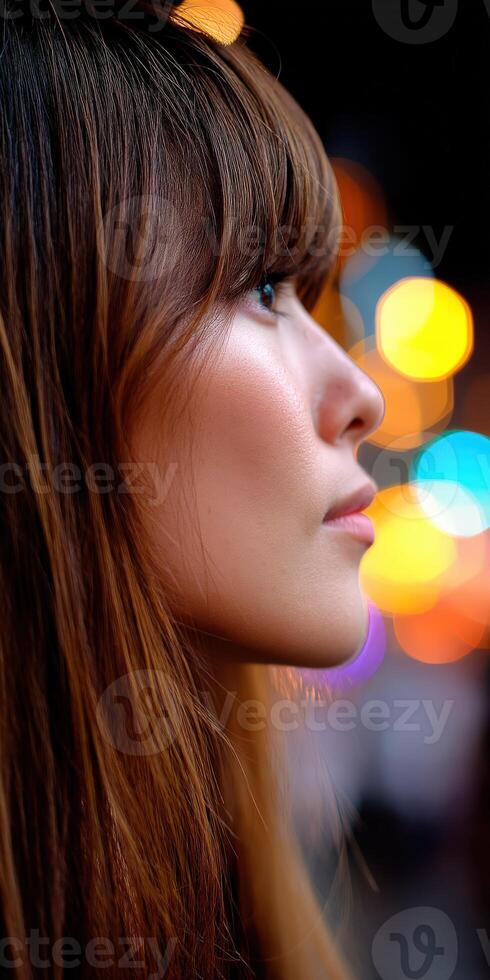 Woman gazing thoughtfully in a vibrant city at night photo