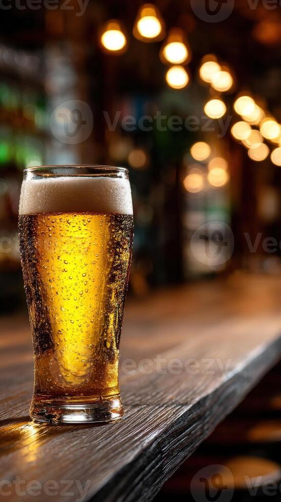 Golden beer in a glass on a rustic wooden bar surrounded by warm lights photo