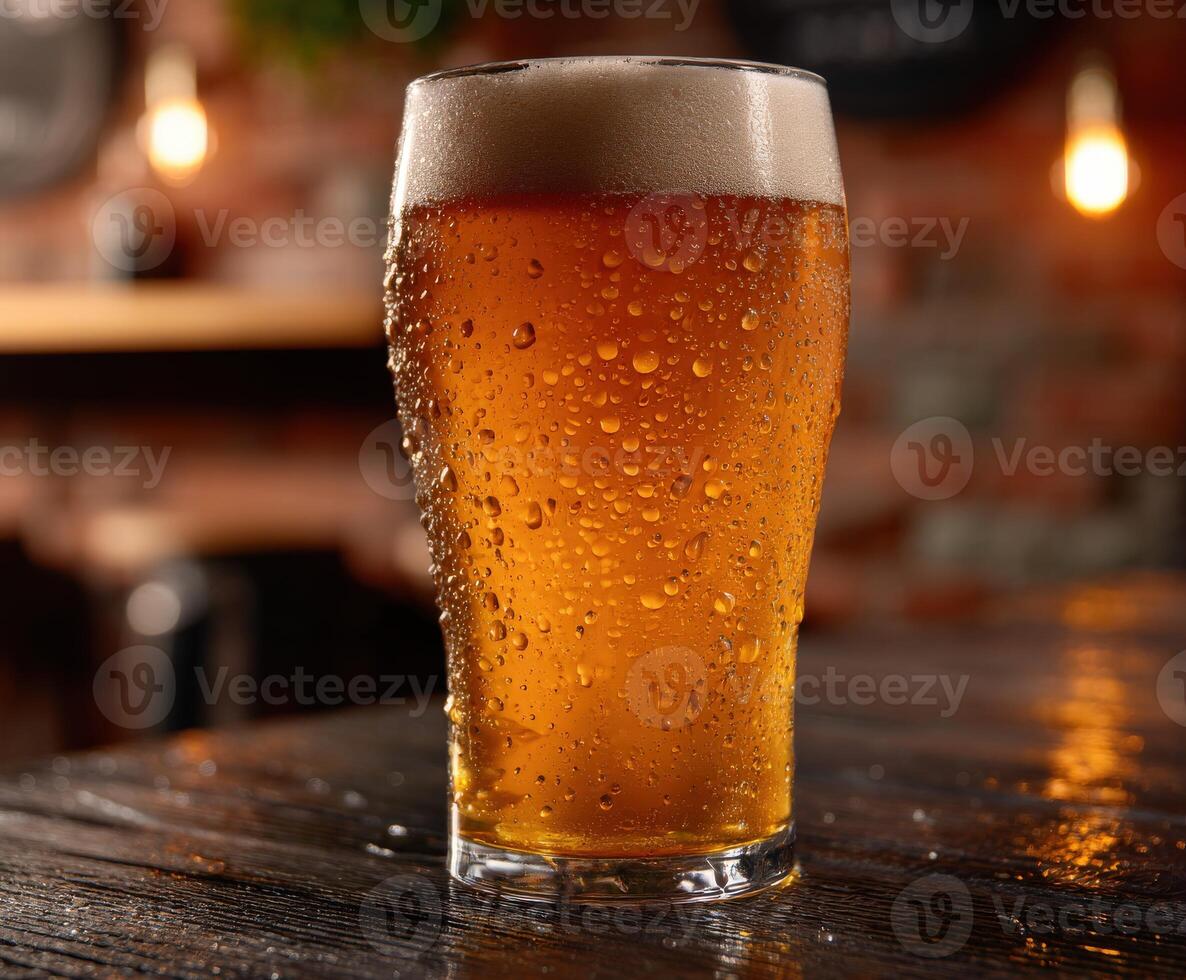 Refreshing craft beer served in a chilled glass at a cozy pub setting photo