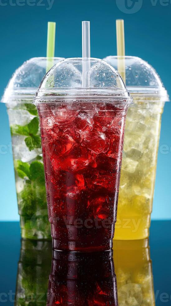 Refreshing cold beverages in colorful cups on a glossy surface photo