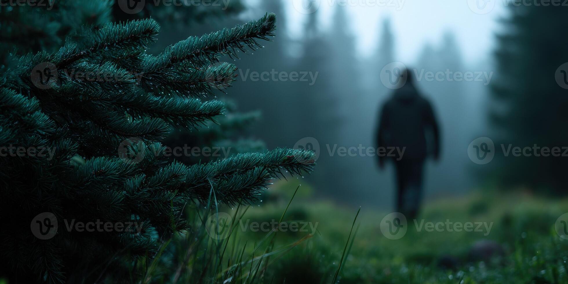 A person walking through a forest with trees and fog photo