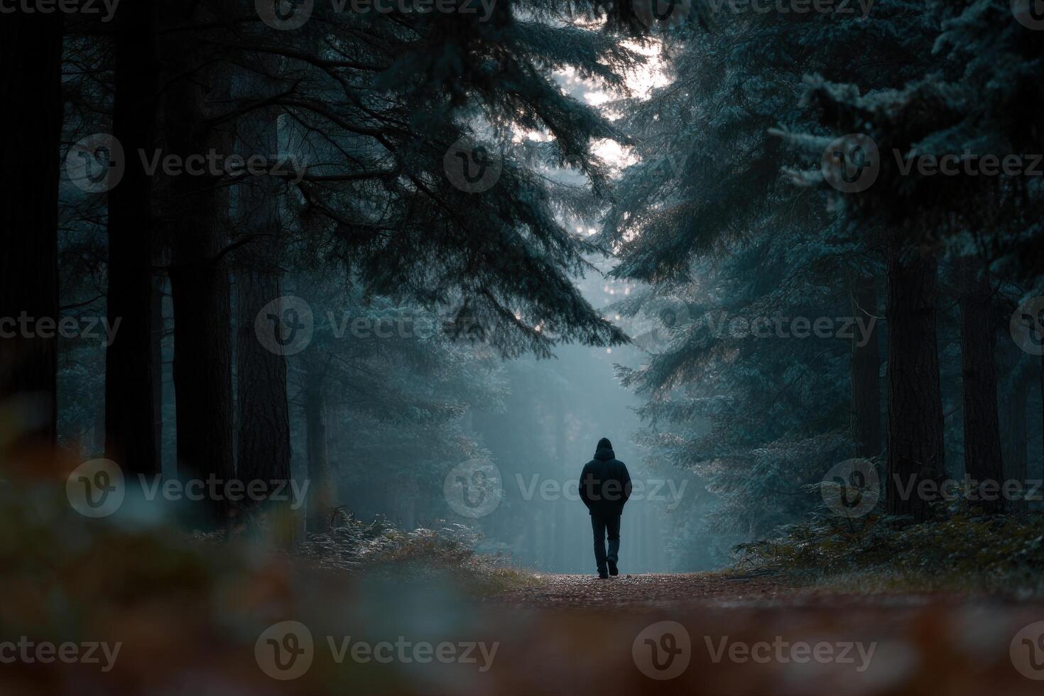Person walking through misty forest path on an autumn day photo