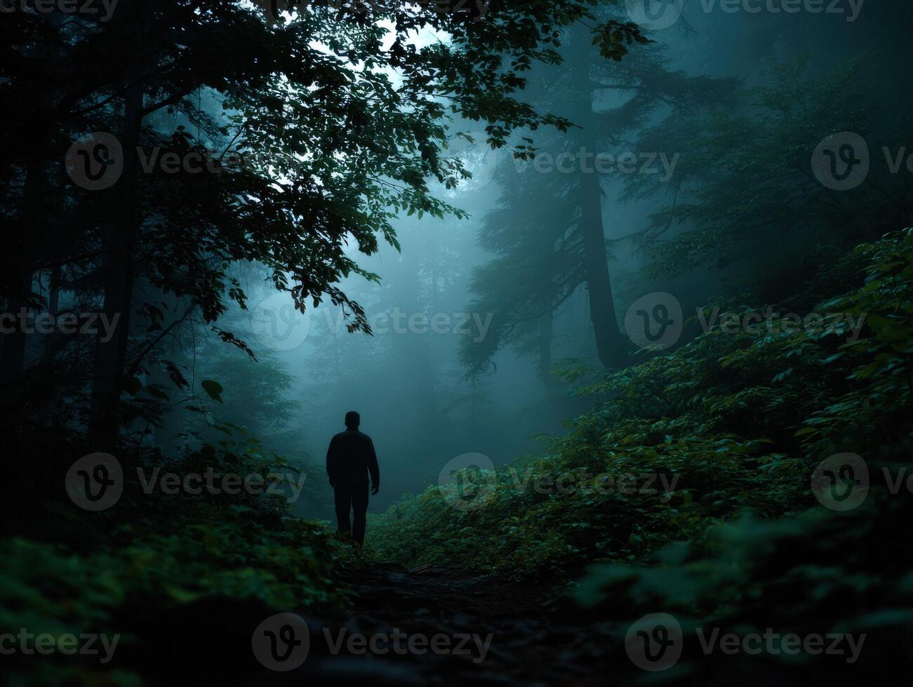 Walking through a misty forest pathway during early morning hours photo