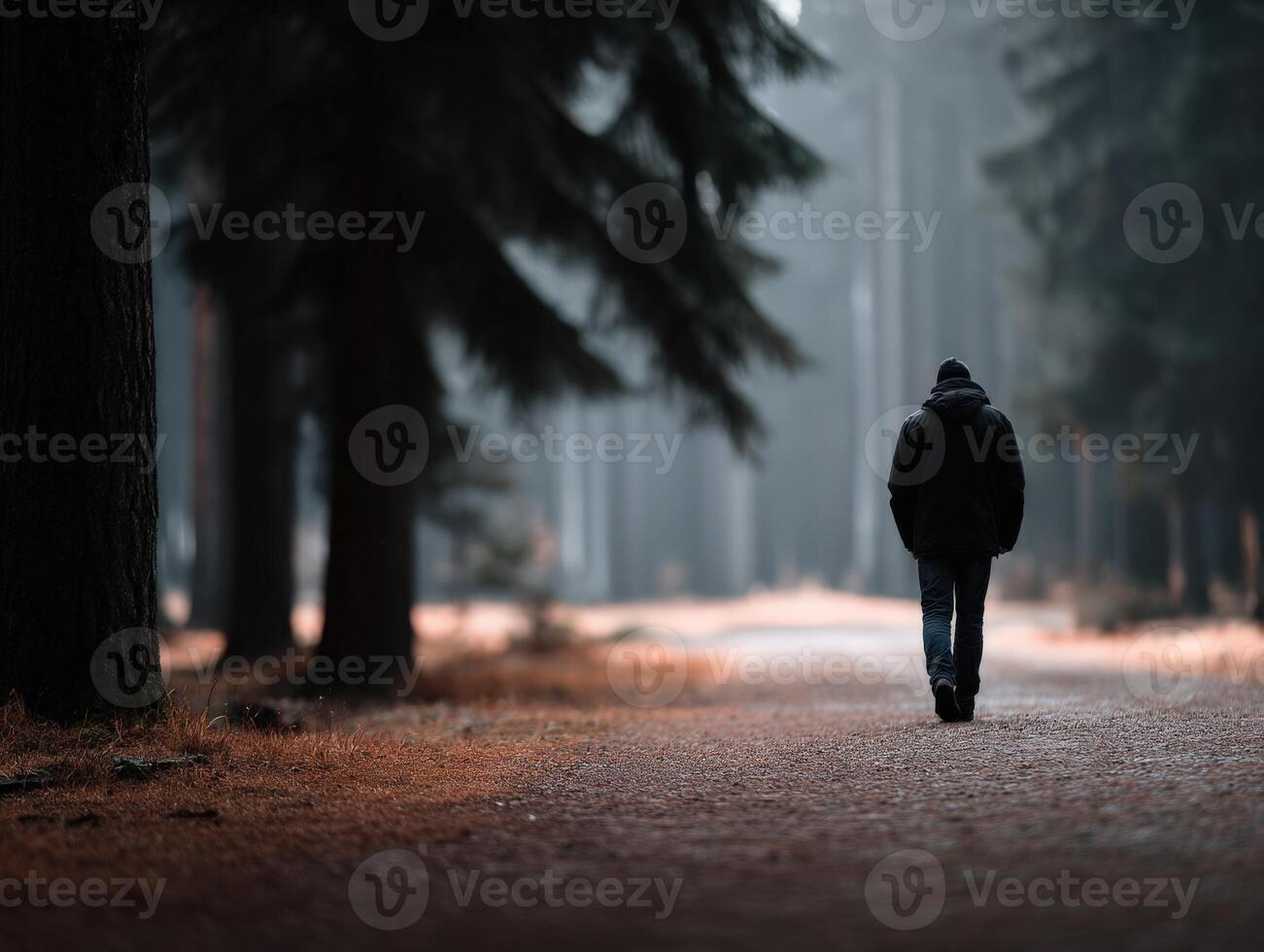 Solitary figure walking through a misty forest path at dawn photo