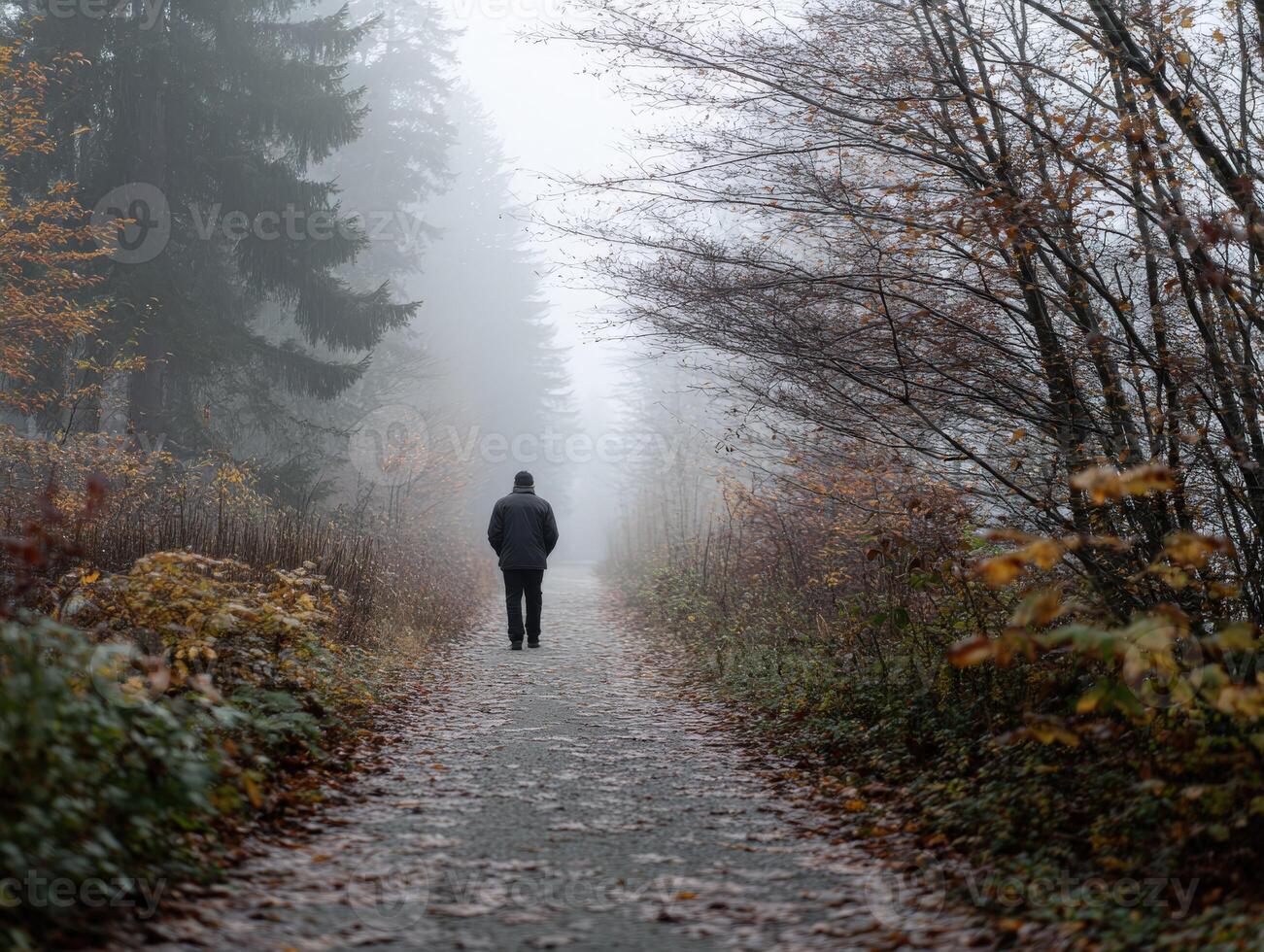 Mysterious walk through foggy forest path in autumn morning photo