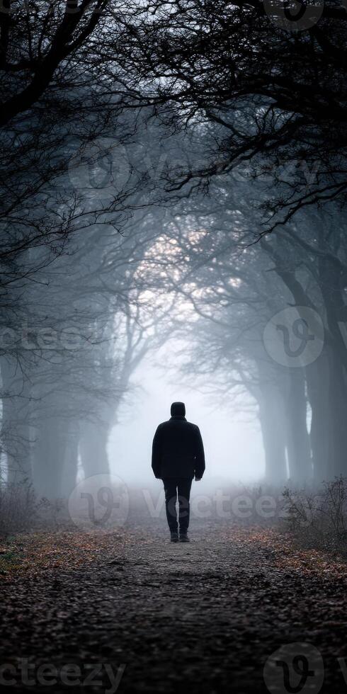 Person walking alone through a foggy forest path at dawn photo