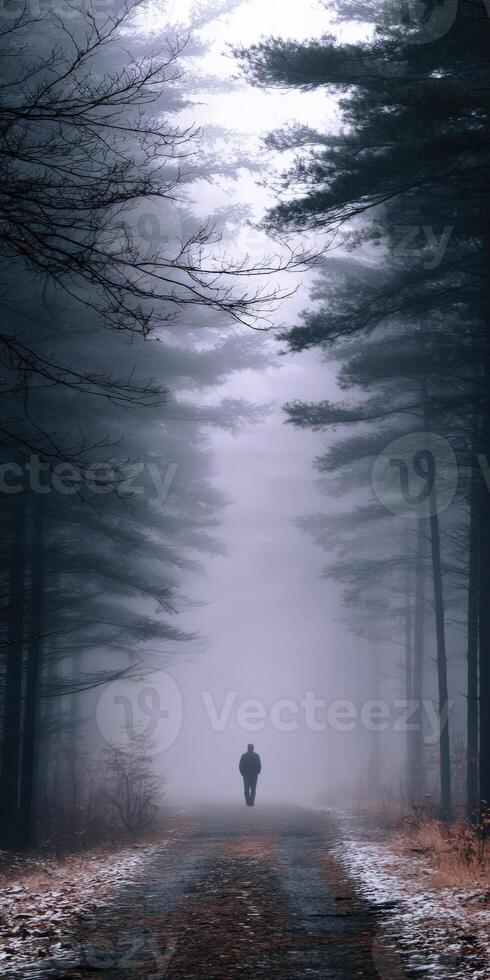 Misty forest path with a solitary figure walking at dawn photo