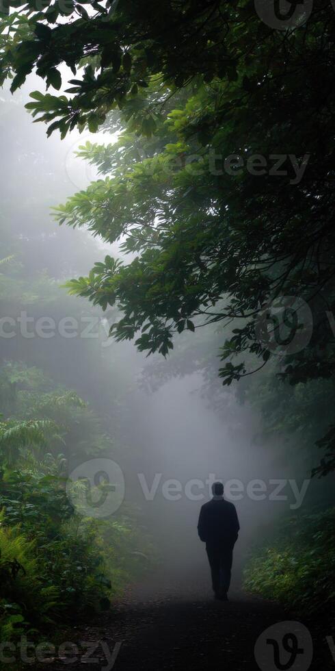 Mysterious figure walking through a foggy forest path in early morning light photo