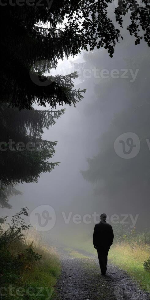 Mysterious figure walking alone on a foggy path in a forest photo