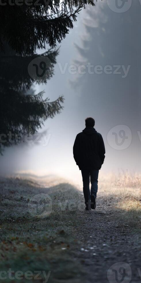 Man walks alone on a foggy path through a serene forest early in the morning photo
