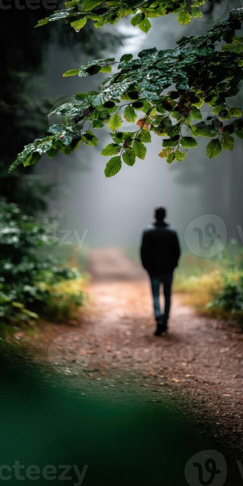 Man walking alone on a path through a misty forest in early morning photo