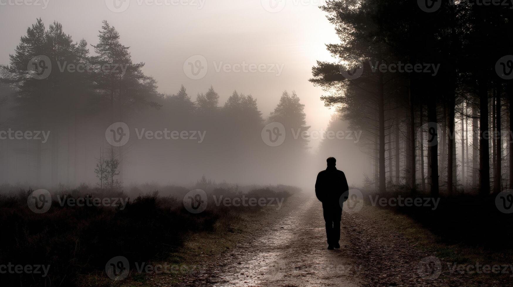 Man walking alone on a misty path through a dense forest at dusk photo