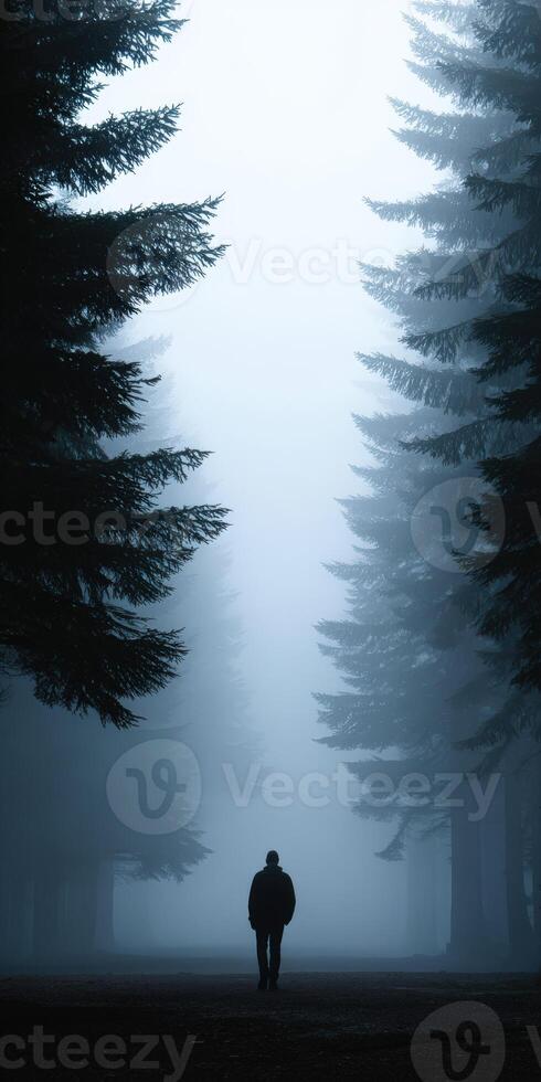 Man walking through a misty forest with tall trees in the early morning photo