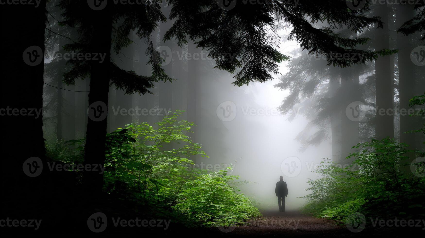 Walking through a foggy forest with dense greenery and tall trees photo