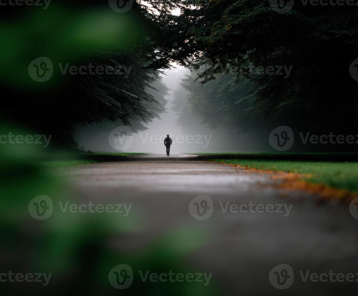 Mysterious figure walking alone on a misty path in a tranquil forest setting photo
