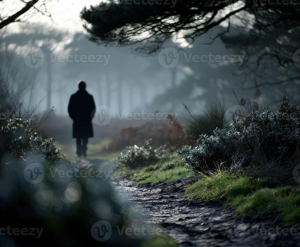 Mysterious figure walking along a misty forest path during early morning photo