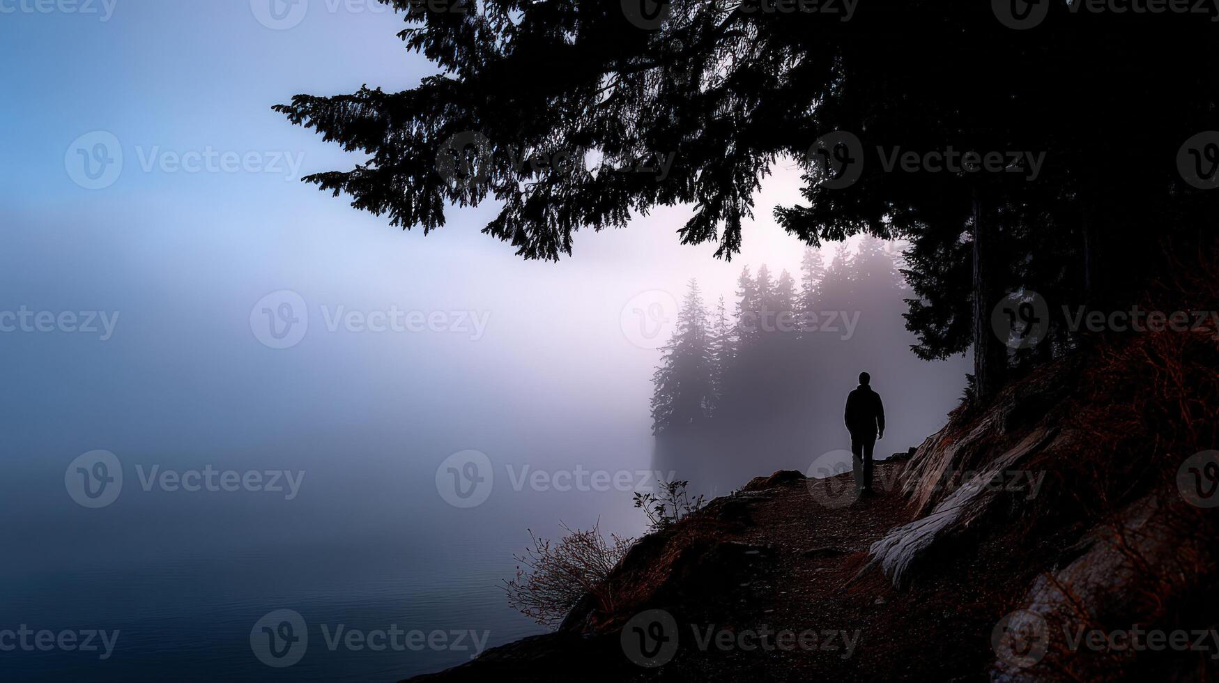 Hiker explores foggy trail by serene lakeside in early morning light photo