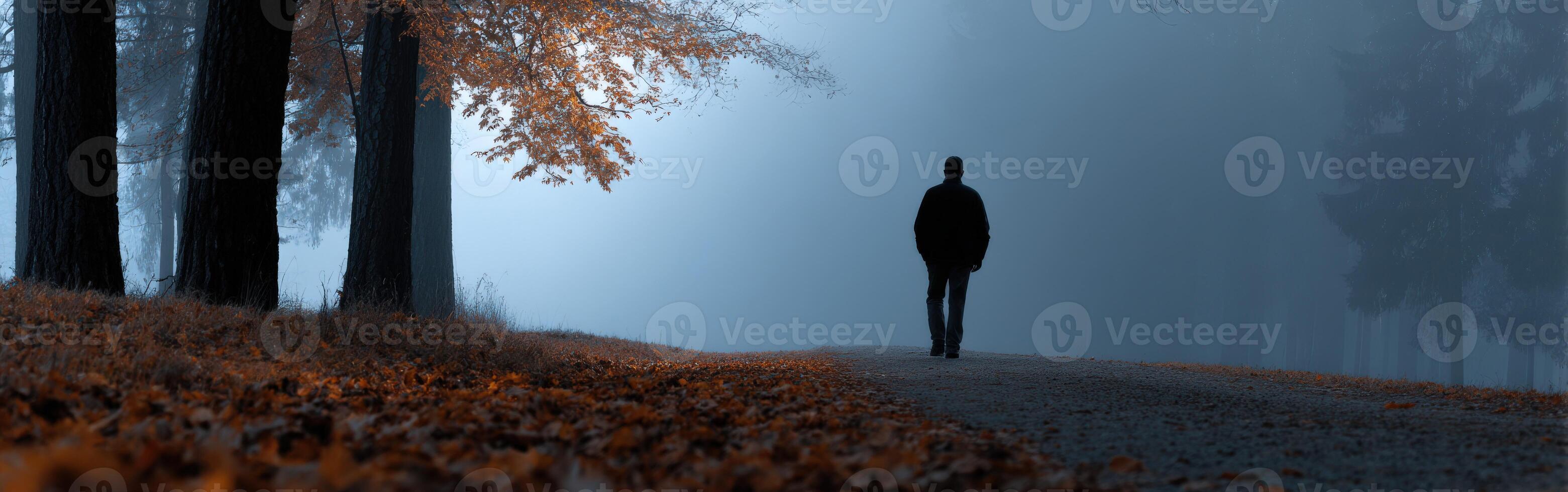 Person walking alone on a misty path surrounded by autumn foliage photo