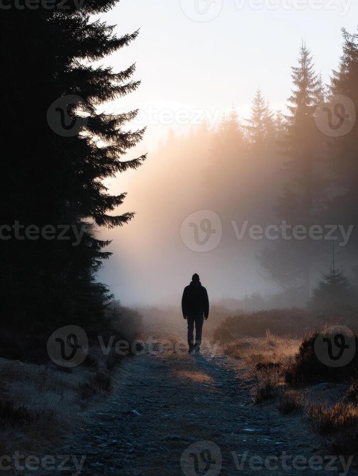 Foggy morning walk in a tranquil forest setting at sunrise photo