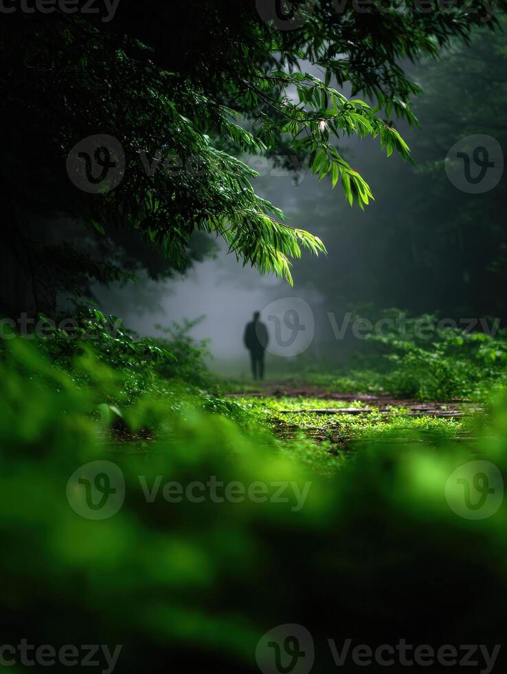 Solitary figure walking through a misty forest path surrounded by greenery photo