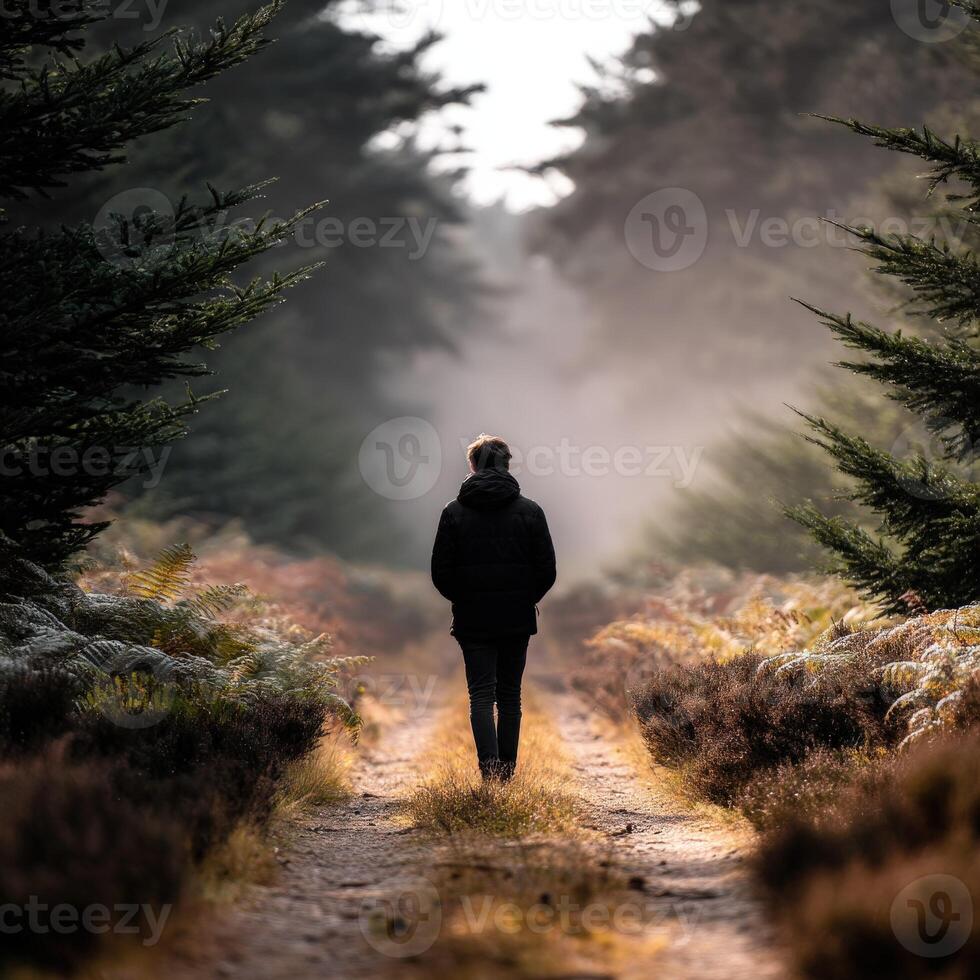 Mysterious wanderer walking through foggy forest path at dawn photo
