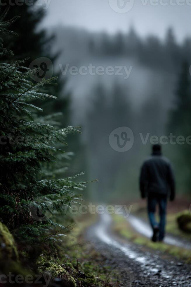 Hiker walks along a muddy forest trail on a foggy day in nature photo