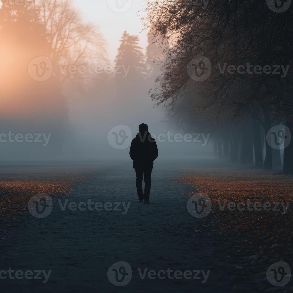 Mysterious fog envelops a lone walker during early morning light in a park photo