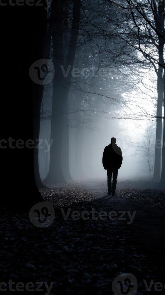 Silhouette of a lone figure walking through a foggy forest path at night photo