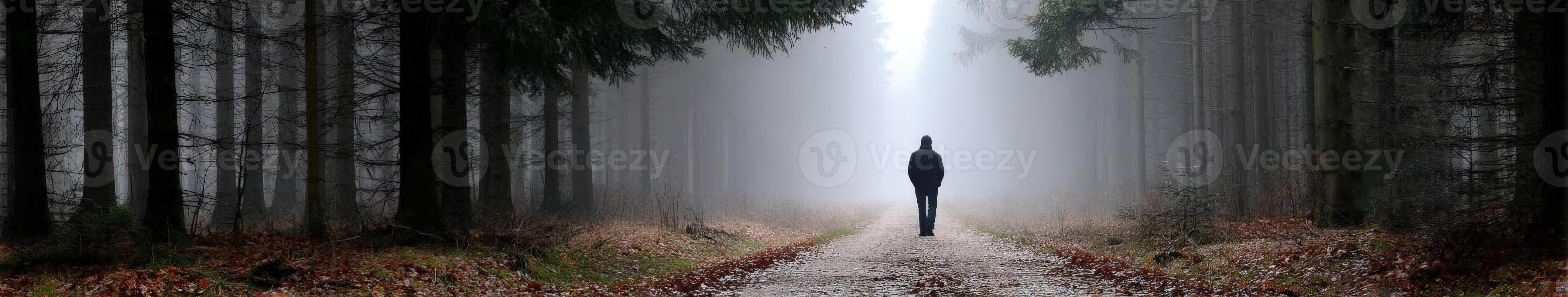 Person walking alone on a misty forest path during early morning hours photo