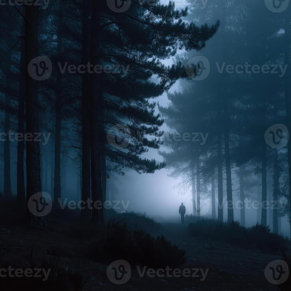 Mysterious figure walks through foggy forest at dusk in tranquil setting photo