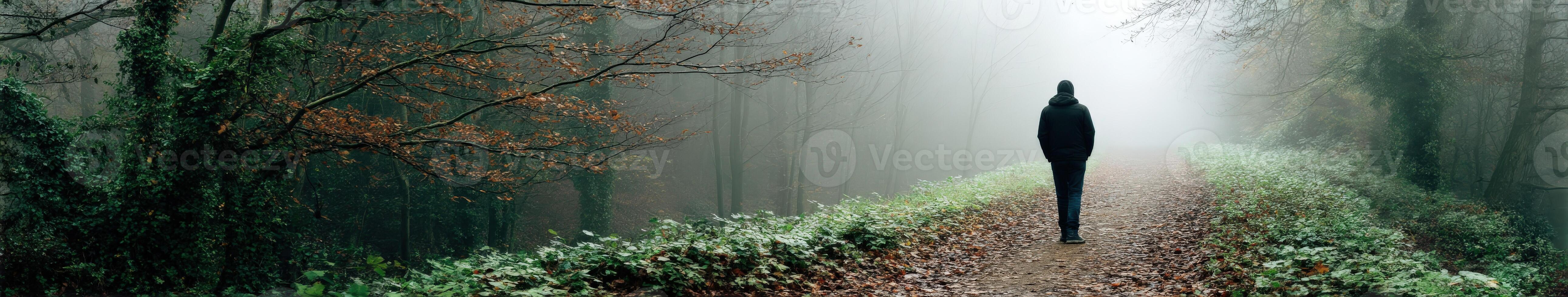 Mysterious figure walking down a foggy forest path in early morning light photo