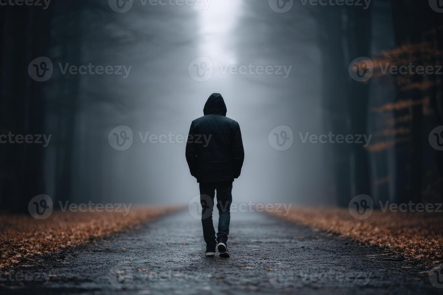 Mysterious figure walks down a foggy forest path in autumn photo