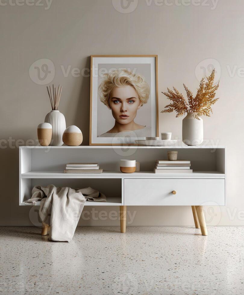 Elegant living room display with modern decor and artistic touches photo