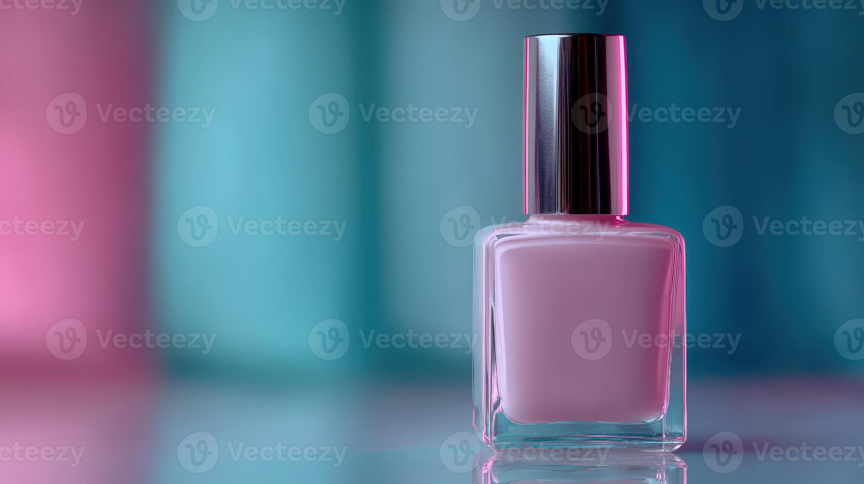 Elegant pink nail polish bottle illuminated by soft colorful lights photo