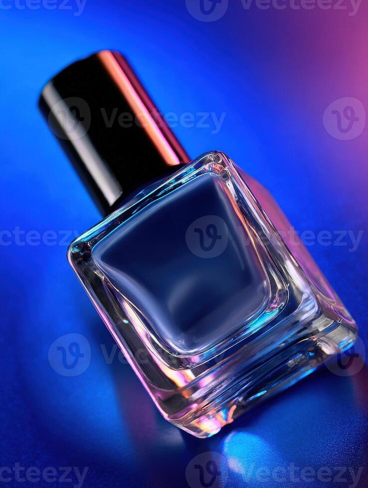 Unique nail polish bottle on a colorful background with soft lighting photo