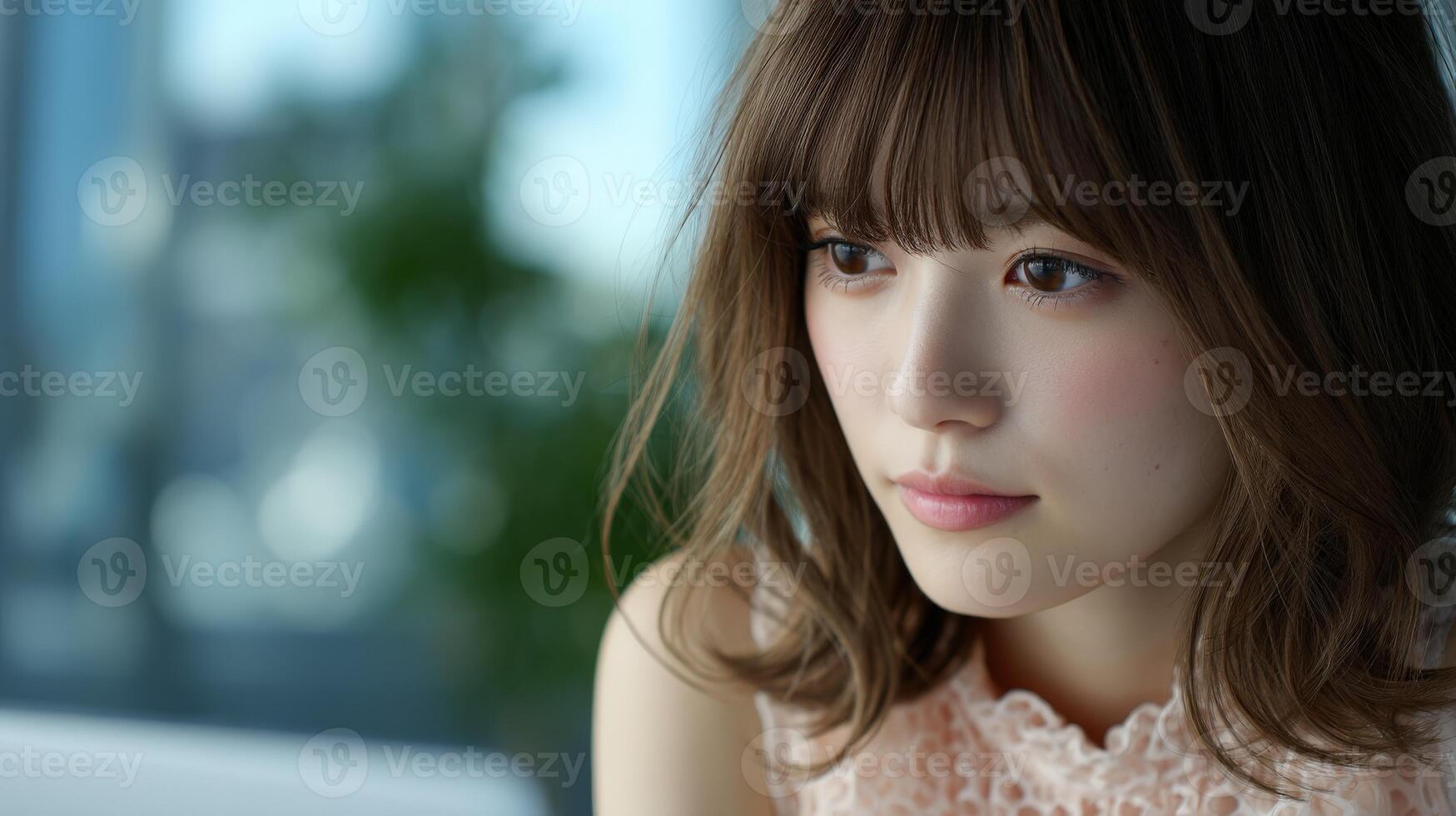 Woman with soft features gazing thoughtfully in a modern indoor setting photo
