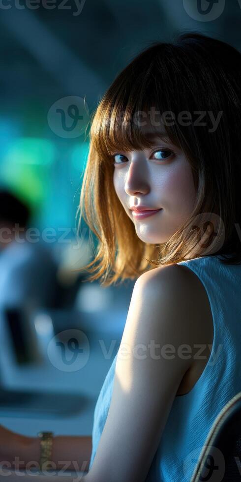 Woman with brown hair gazes over her shoulder in a modern interior setting photo