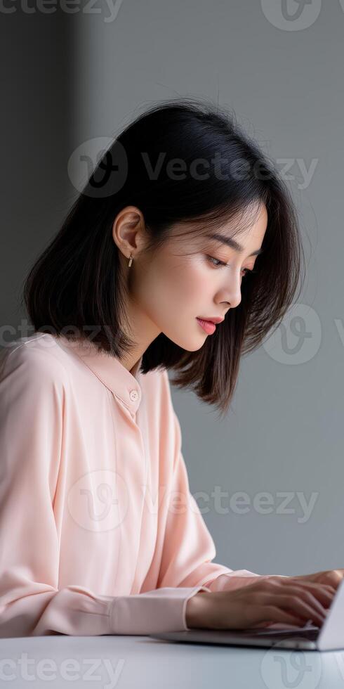 Young woman working intently at a laptop in a bright indoor space photo