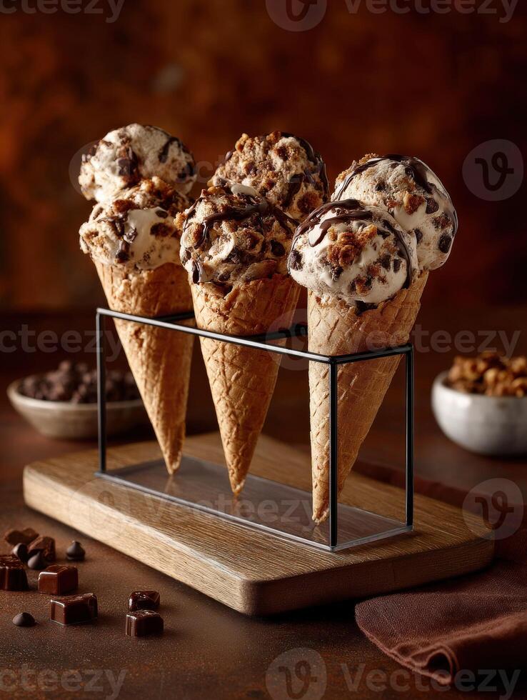 Delicious ice cream cones served on a wooden tray in a cozy setting photo