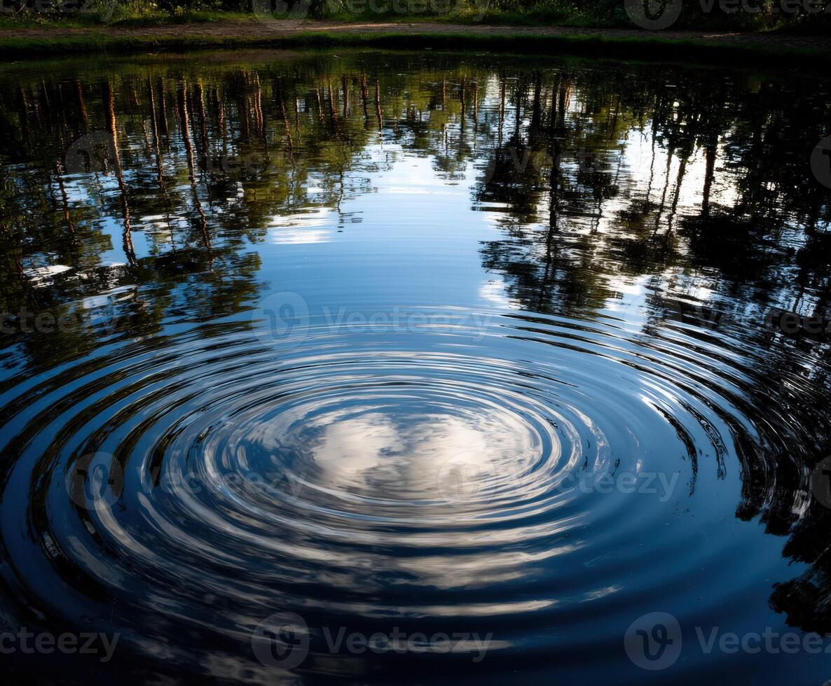 Ripples distort reflection of trees and sky in calm pond water photo
