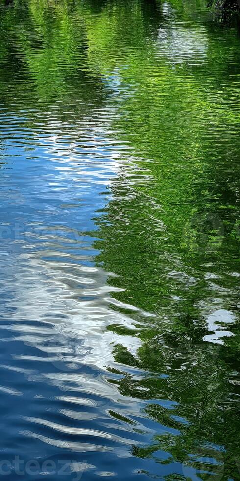 Water reflects green trees and blue sky in a natural setting photo