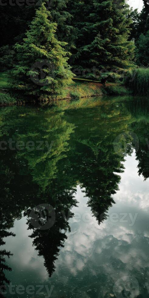 Tranquil pond scene reflecting evergreen trees in nature photo