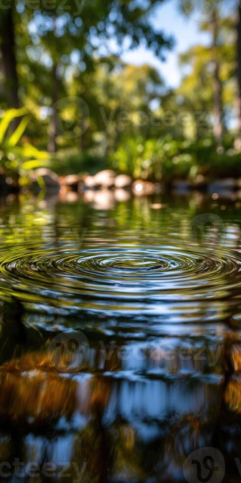Ripples create concentric circles on water surface at tranquil pond photo