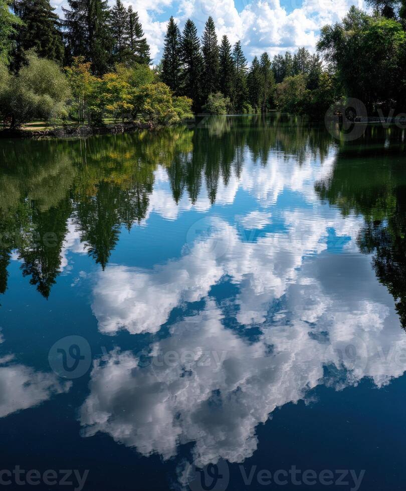 Serene lake reflection of sky and trees in nature park photo