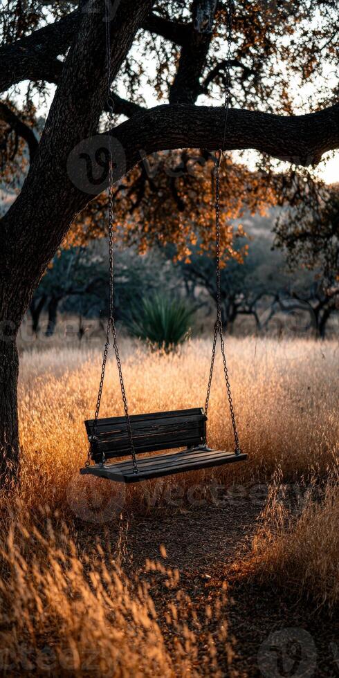 Empty swing hangs from a tree in a golden field at sunset photo