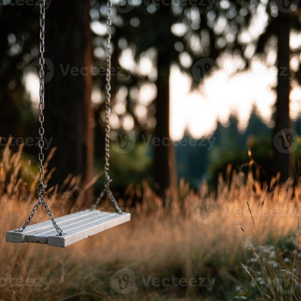 Empty swing hangs on a chain in a field near woodland photo