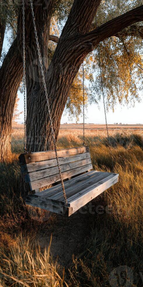 Wooden swing hanging from a tree at sunset in a grassy field photo