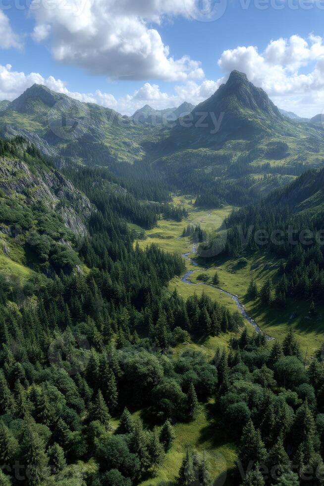 Lush green valley with mountains and a winding river under clear skies photo